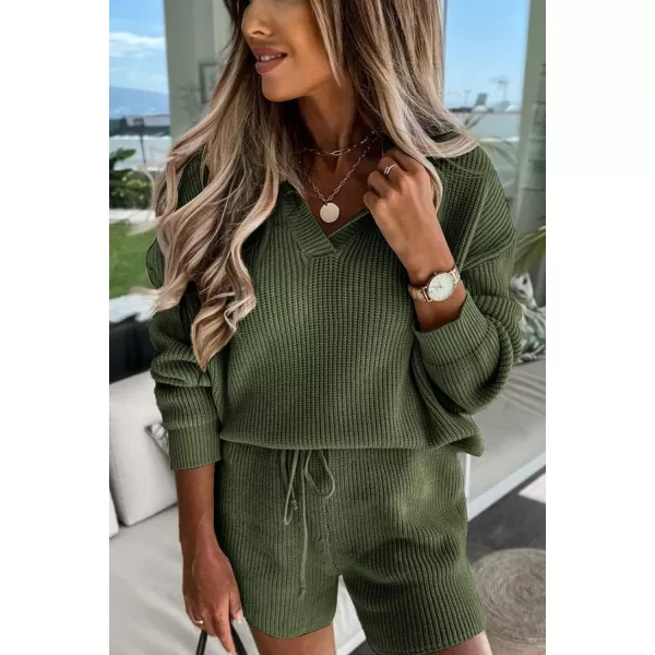 imagePRETTYGARDEN Womens 2 Piece Outfits 2023 Winter Long Sleeve V Neck Knit Pullover And Shorts Sweater Tracksuit SetsArmy Green
