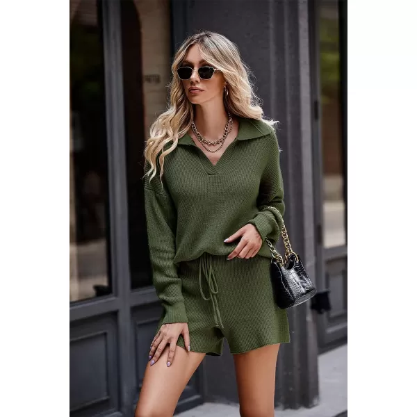 imagePRETTYGARDEN Womens 2 Piece Outfits 2023 Winter Long Sleeve V Neck Knit Pullover And Shorts Sweater Tracksuit SetsArmy Green
