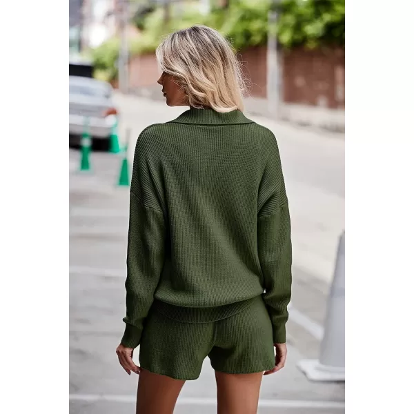 imagePRETTYGARDEN Womens 2 Piece Outfits 2023 Winter Long Sleeve V Neck Knit Pullover And Shorts Sweater Tracksuit SetsArmy Green