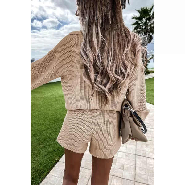 imagePRETTYGARDEN Womens 2 Piece Outfits 2023 Winter Long Sleeve V Neck Knit Pullover And Shorts Sweater Tracksuit SetsBeige Apricot