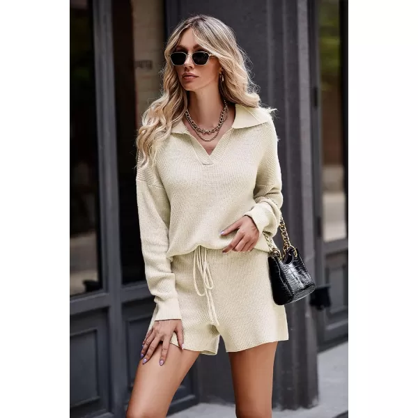 imagePRETTYGARDEN Womens 2 Piece Outfits 2023 Winter Long Sleeve V Neck Knit Pullover And Shorts Sweater Tracksuit SetsBeige White