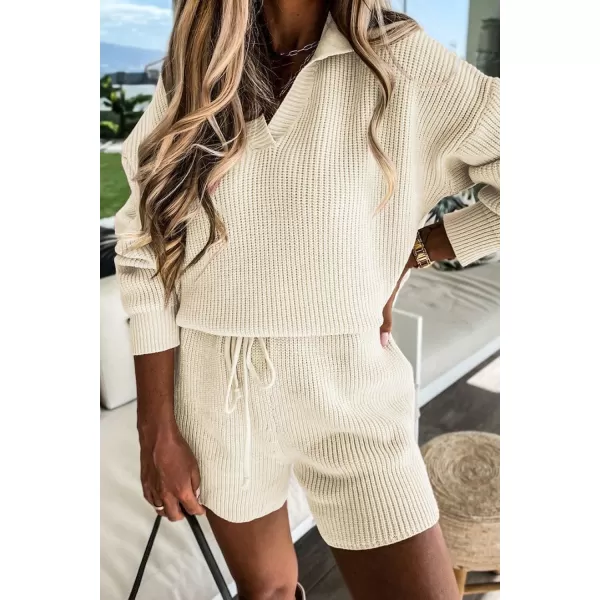 imagePRETTYGARDEN Womens 2 Piece Outfits 2023 Winter Long Sleeve V Neck Knit Pullover And Shorts Sweater Tracksuit SetsBeige White