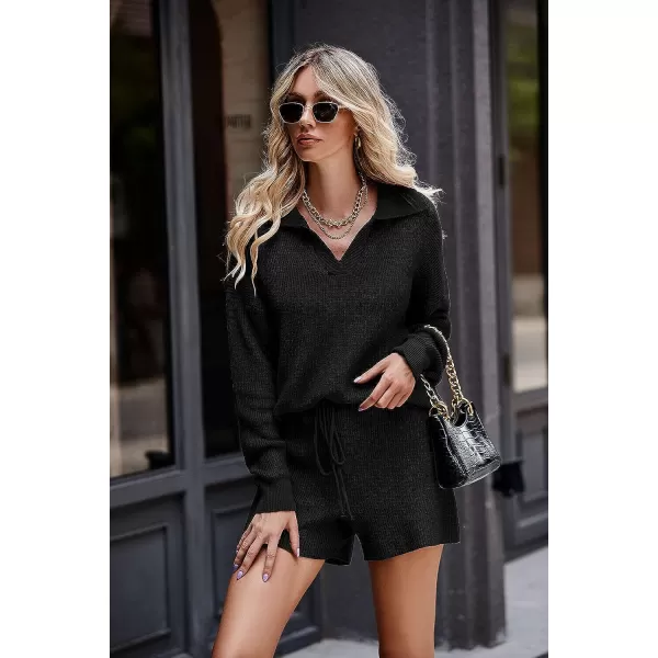 imagePRETTYGARDEN Womens 2 Piece Outfits 2023 Winter Long Sleeve V Neck Knit Pullover And Shorts Sweater Tracksuit SetsBlack