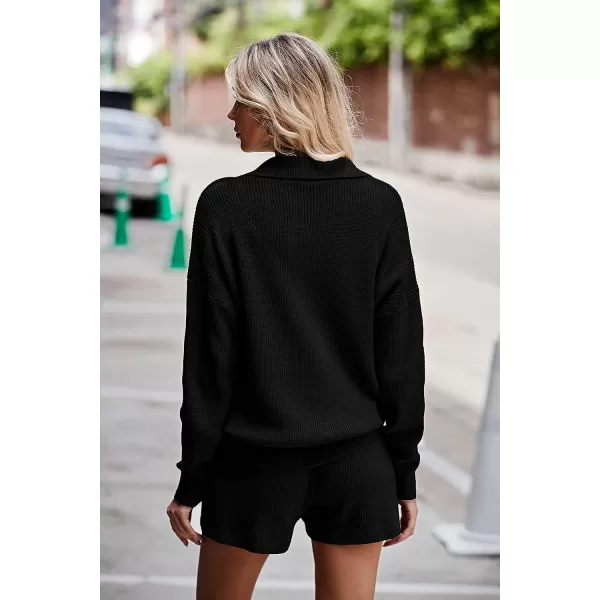 imagePRETTYGARDEN Womens 2 Piece Outfits 2023 Winter Long Sleeve V Neck Knit Pullover And Shorts Sweater Tracksuit SetsBlack