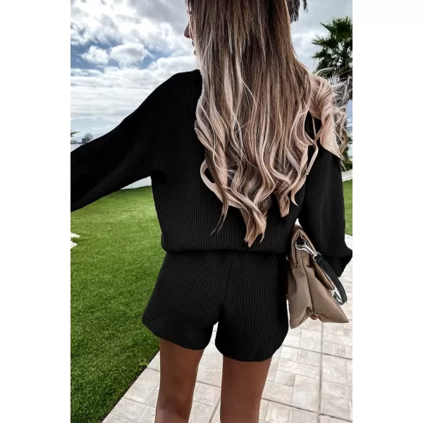 imagePRETTYGARDEN Womens 2 Piece Outfits 2023 Winter Long Sleeve V Neck Knit Pullover And Shorts Sweater Tracksuit SetsBlack