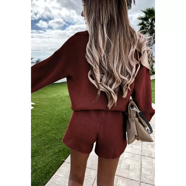 imagePRETTYGARDEN Womens 2 Piece Outfits 2023 Winter Long Sleeve V Neck Knit Pullover And Shorts Sweater Tracksuit SetsCaramel