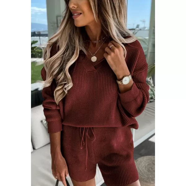 imagePRETTYGARDEN Womens 2 Piece Outfits 2023 Winter Long Sleeve V Neck Knit Pullover And Shorts Sweater Tracksuit SetsCaramel