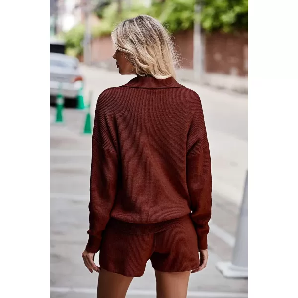 imagePRETTYGARDEN Womens 2 Piece Outfits 2023 Winter Long Sleeve V Neck Knit Pullover And Shorts Sweater Tracksuit SetsCaramel