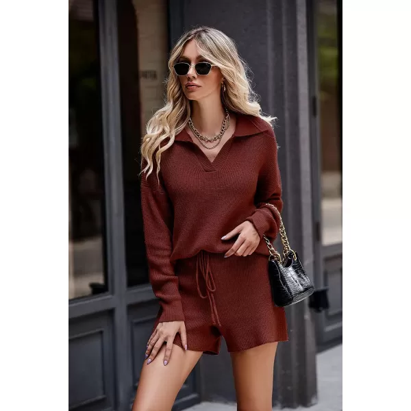 imagePRETTYGARDEN Womens 2 Piece Outfits 2023 Winter Long Sleeve V Neck Knit Pullover And Shorts Sweater Tracksuit SetsCaramel