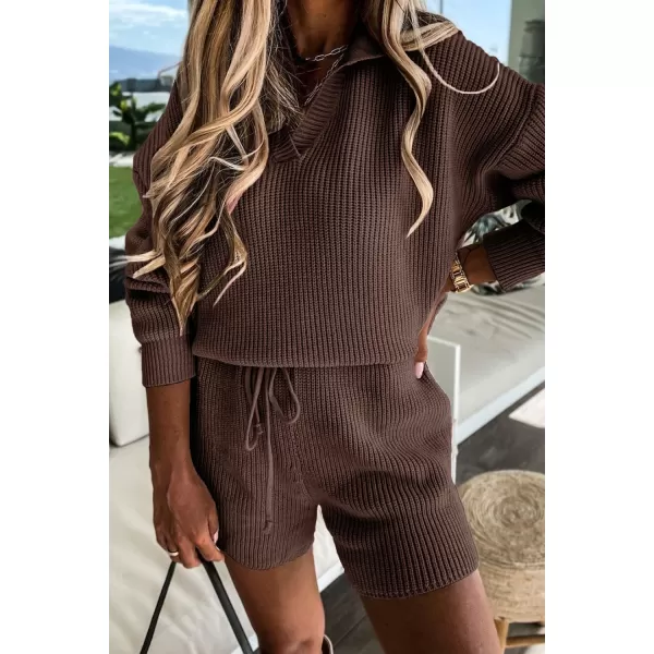 imagePRETTYGARDEN Womens 2 Piece Outfits 2023 Winter Long Sleeve V Neck Knit Pullover And Shorts Sweater Tracksuit SetsCoffee