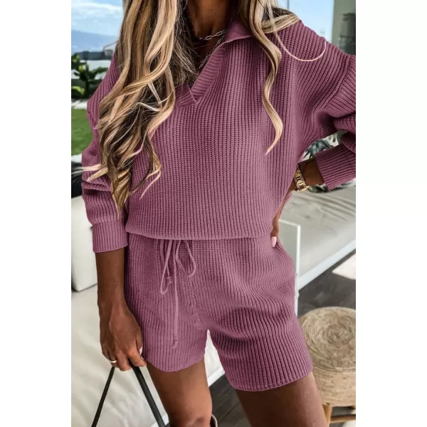 imagePRETTYGARDEN Womens 2 Piece Outfits 2023 Winter Long Sleeve V Neck Knit Pullover And Shorts Sweater Tracksuit SetsDusty Pink