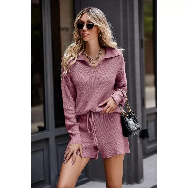 imagePRETTYGARDEN Womens 2 Piece Outfits 2023 Winter Long Sleeve V Neck Knit Pullover And Shorts Sweater Tracksuit SetsDusty Pink
