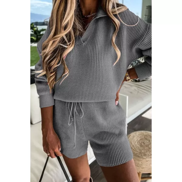 imagePRETTYGARDEN Womens 2 Piece Outfits 2023 Winter Long Sleeve V Neck Knit Pullover And Shorts Sweater Tracksuit SetsGrey