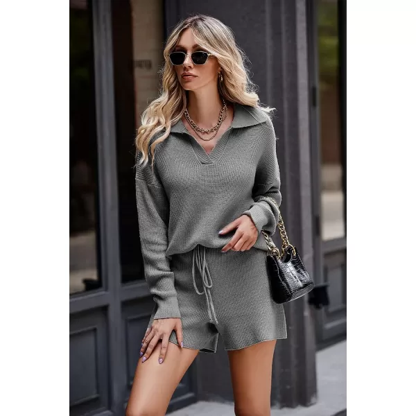 imagePRETTYGARDEN Womens 2 Piece Outfits 2023 Winter Long Sleeve V Neck Knit Pullover And Shorts Sweater Tracksuit SetsGrey