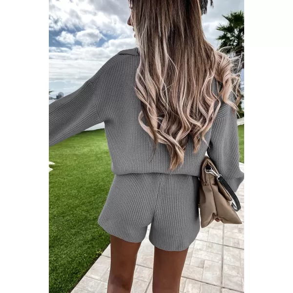 imagePRETTYGARDEN Womens 2 Piece Outfits 2023 Winter Long Sleeve V Neck Knit Pullover And Shorts Sweater Tracksuit SetsGrey