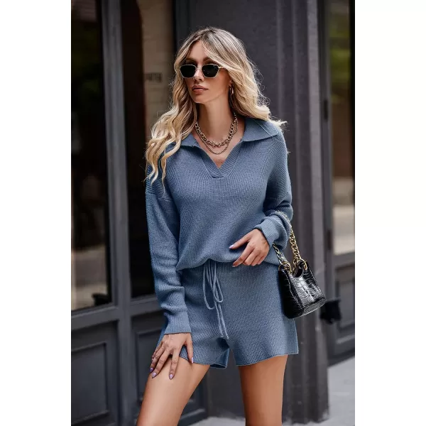 imagePRETTYGARDEN Womens 2 Piece Outfits 2023 Winter Long Sleeve V Neck Knit Pullover And Shorts Sweater Tracksuit SetsGrey Blue