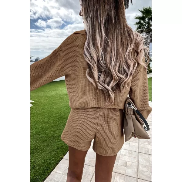imagePRETTYGARDEN Womens 2 Piece Outfits 2023 Winter Long Sleeve V Neck Knit Pullover And Shorts Sweater Tracksuit SetsKhaki
