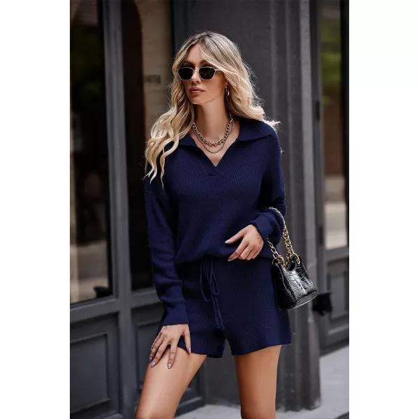 imagePRETTYGARDEN Womens 2 Piece Outfits 2023 Winter Long Sleeve V Neck Knit Pullover And Shorts Sweater Tracksuit SetsNavy