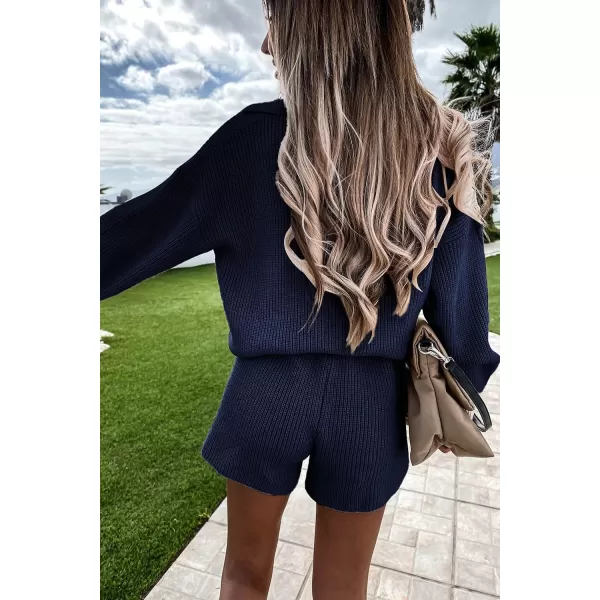 imagePRETTYGARDEN Womens 2 Piece Outfits 2023 Winter Long Sleeve V Neck Knit Pullover And Shorts Sweater Tracksuit SetsNavy