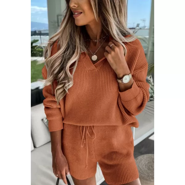 imagePRETTYGARDEN Womens 2 Piece Outfits 2023 Winter Long Sleeve V Neck Knit Pullover And Shorts Sweater Tracksuit SetsOrange