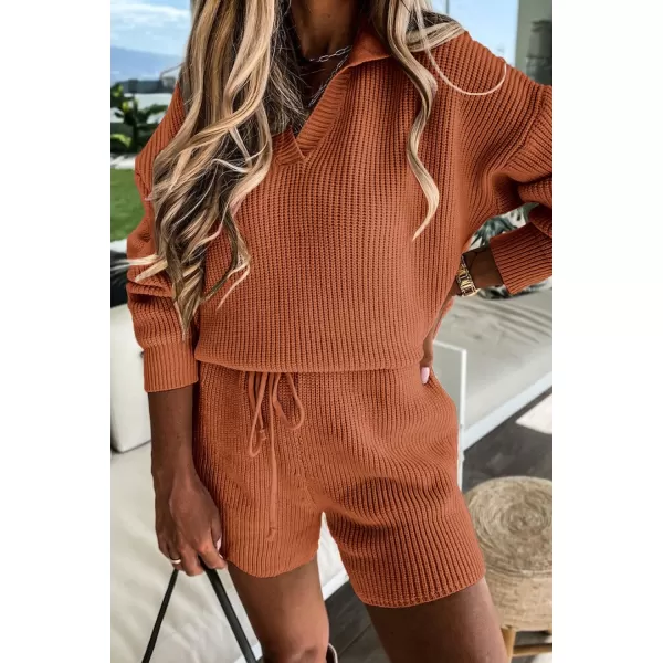 imagePRETTYGARDEN Womens 2 Piece Outfits 2023 Winter Long Sleeve V Neck Knit Pullover And Shorts Sweater Tracksuit SetsOrange