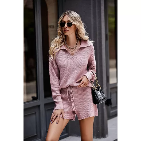 imagePRETTYGARDEN Womens 2 Piece Outfits 2023 Winter Long Sleeve V Neck Knit Pullover And Shorts Sweater Tracksuit SetsPink