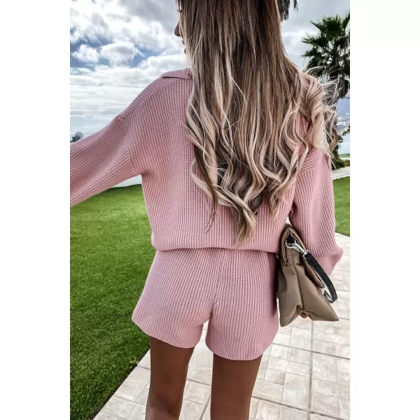 imagePRETTYGARDEN Womens 2 Piece Outfits 2023 Winter Long Sleeve V Neck Knit Pullover And Shorts Sweater Tracksuit SetsPink