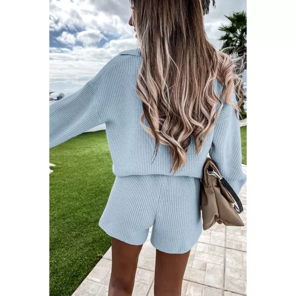 imagePRETTYGARDEN Womens 2 Piece Outfits 2023 Winter Long Sleeve V Neck Knit Pullover And Shorts Sweater Tracksuit SetsSky Blue