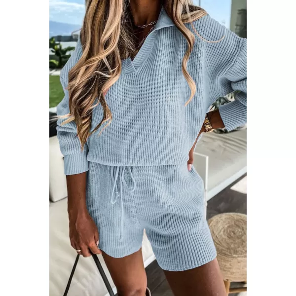 imagePRETTYGARDEN Womens 2 Piece Outfits 2023 Winter Long Sleeve V Neck Knit Pullover And Shorts Sweater Tracksuit SetsSky Blue