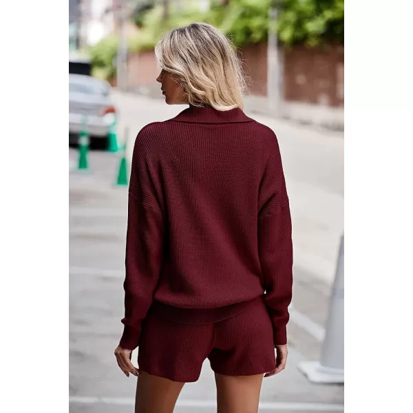 imagePRETTYGARDEN Womens 2 Piece Outfits 2023 Winter Long Sleeve V Neck Knit Pullover And Shorts Sweater Tracksuit SetsWine Red
