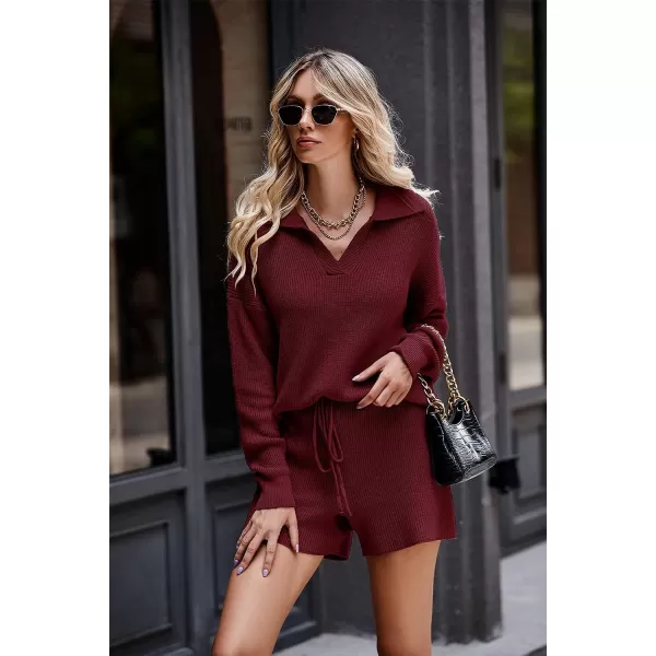 imagePRETTYGARDEN Womens 2 Piece Outfits 2023 Winter Long Sleeve V Neck Knit Pullover And Shorts Sweater Tracksuit SetsWine Red