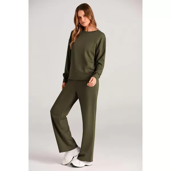 imagePRETTYGARDEN Womens 2 Piece Outfits 2024 Fall Long Sleeve Pullover Tops And Long Pants Lounge Sets TracksuitArmy Green