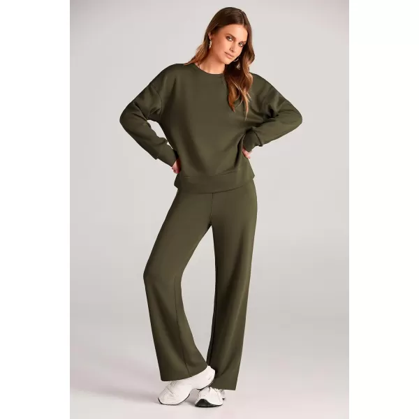 imagePRETTYGARDEN Womens 2 Piece Outfits 2024 Fall Long Sleeve Pullover Tops And Long Pants Lounge Sets TracksuitArmy Green
