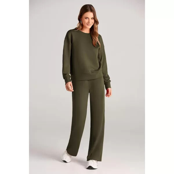 imagePRETTYGARDEN Womens 2 Piece Outfits 2024 Fall Long Sleeve Pullover Tops And Long Pants Lounge Sets TracksuitArmy Green