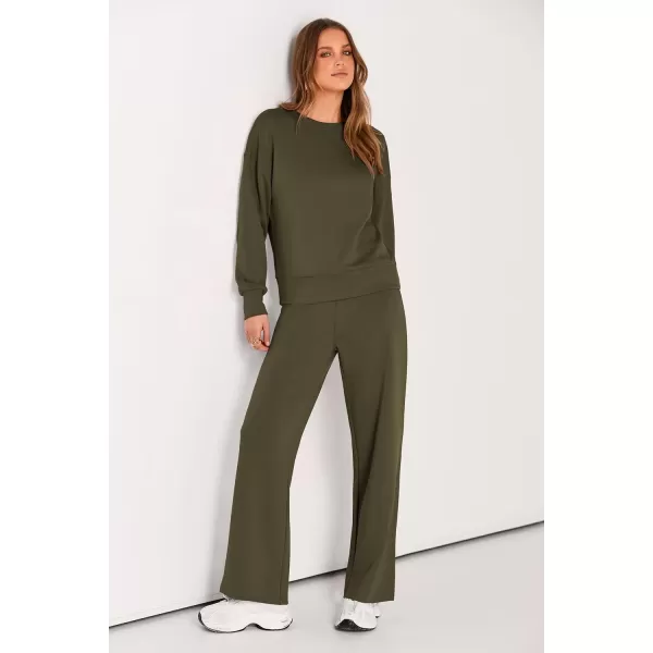 imagePRETTYGARDEN Womens 2 Piece Outfits 2024 Fall Long Sleeve Pullover Tops And Long Pants Lounge Sets TracksuitArmy Green