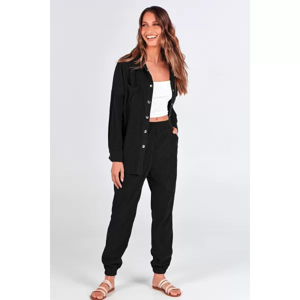 imagePRETTYGARDEN Womens 2 Piece Outfits Casual Corduroy Long Sleeve Button Down Jacket and Pants Tracksuit with PocketsBlack