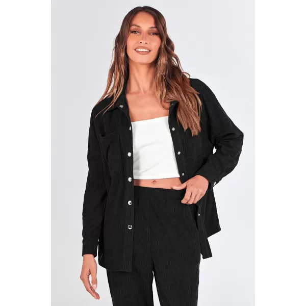 imagePRETTYGARDEN Womens 2 Piece Outfits Casual Corduroy Long Sleeve Button Down Jacket and Pants Tracksuit with PocketsBlack