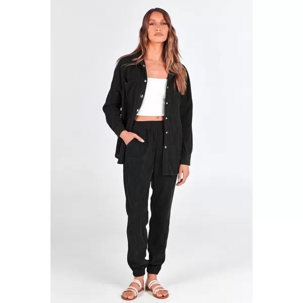 imagePRETTYGARDEN Womens 2 Piece Outfits Casual Corduroy Long Sleeve Button Down Jacket and Pants Tracksuit with PocketsBlack