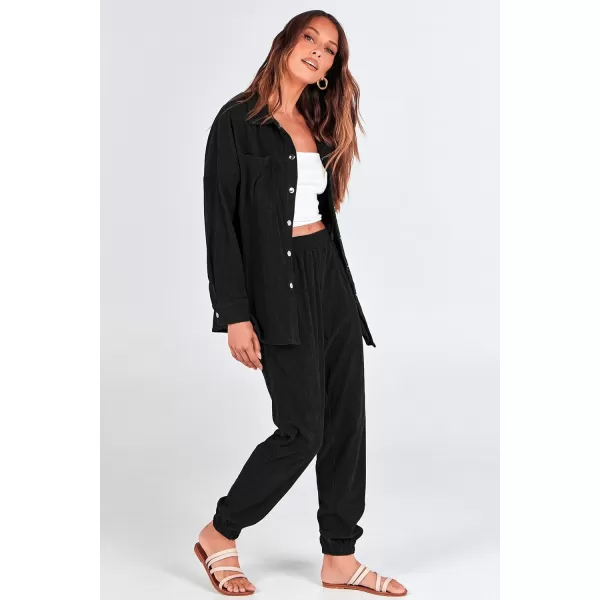 imagePRETTYGARDEN Womens 2 Piece Outfits Casual Corduroy Long Sleeve Button Down Jacket and Pants Tracksuit with PocketsBlack