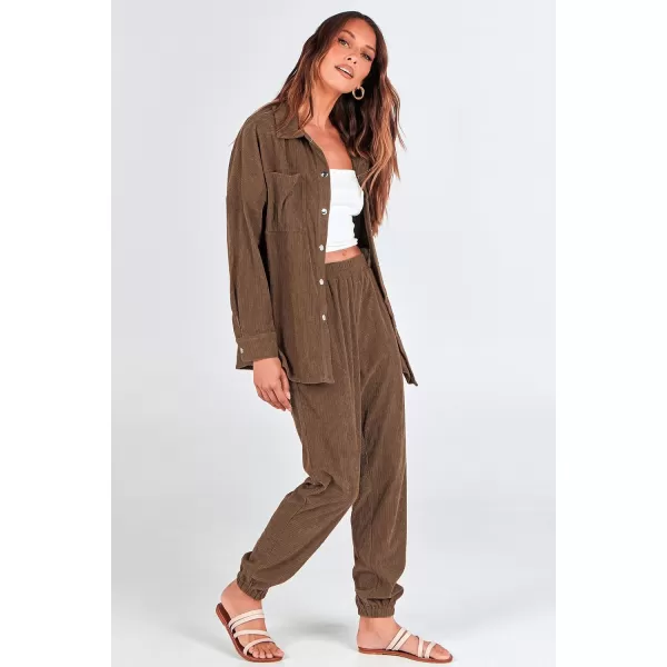 imagePRETTYGARDEN Womens 2 Piece Outfits Casual Corduroy Long Sleeve Button Down Jacket and Pants Tracksuit with PocketsBrown