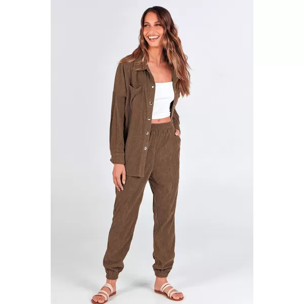 imagePRETTYGARDEN Womens 2 Piece Outfits Casual Corduroy Long Sleeve Button Down Jacket and Pants Tracksuit with PocketsBrown