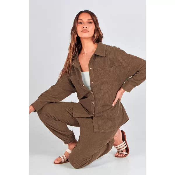 imagePRETTYGARDEN Womens 2 Piece Outfits Casual Corduroy Long Sleeve Button Down Jacket and Pants Tracksuit with PocketsBrown