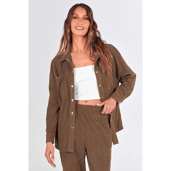 imagePRETTYGARDEN Womens 2 Piece Outfits Casual Corduroy Long Sleeve Button Down Jacket and Pants Tracksuit with PocketsBrown