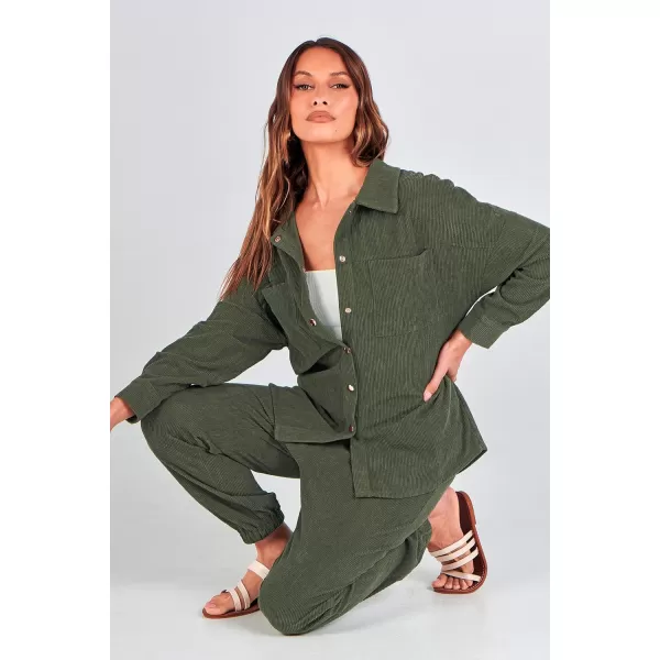 imagePRETTYGARDEN Womens 2 Piece Outfits Casual Corduroy Long Sleeve Button Down Jacket and Pants Tracksuit with PocketsGreen