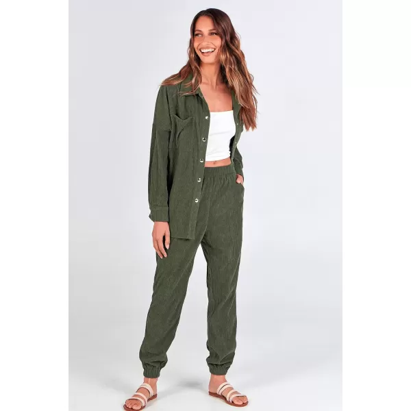 imagePRETTYGARDEN Womens 2 Piece Outfits Casual Corduroy Long Sleeve Button Down Jacket and Pants Tracksuit with PocketsGreen