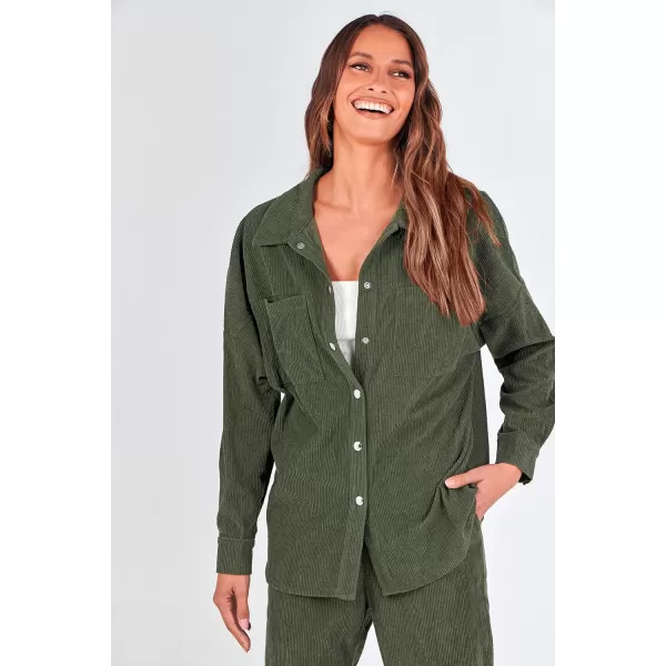 imagePRETTYGARDEN Womens 2 Piece Outfits Casual Corduroy Long Sleeve Button Down Jacket and Pants Tracksuit with PocketsGreen