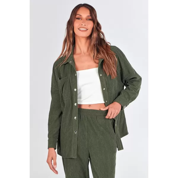 imagePRETTYGARDEN Womens 2 Piece Outfits Casual Corduroy Long Sleeve Button Down Jacket and Pants Tracksuit with PocketsGreen