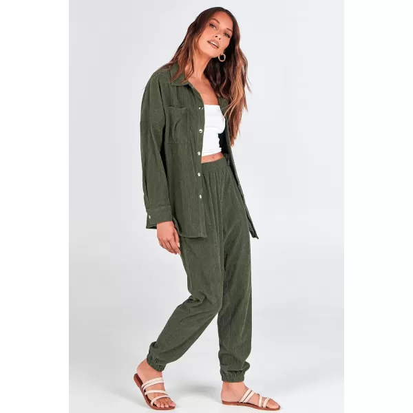 imagePRETTYGARDEN Womens 2 Piece Outfits Casual Corduroy Long Sleeve Button Down Jacket and Pants Tracksuit with PocketsGreen