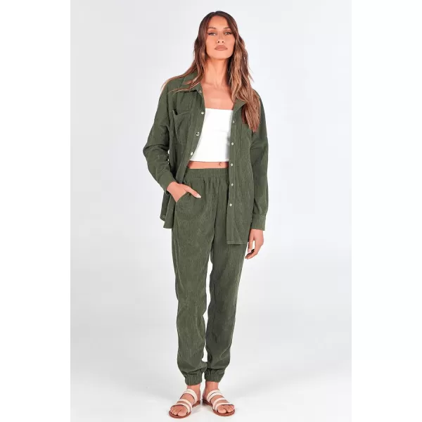 imagePRETTYGARDEN Womens 2 Piece Outfits Casual Corduroy Long Sleeve Button Down Jacket and Pants Tracksuit with PocketsGreen