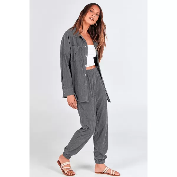 imagePRETTYGARDEN Womens 2 Piece Outfits Casual Corduroy Long Sleeve Button Down Jacket and Pants Tracksuit with PocketsGrey